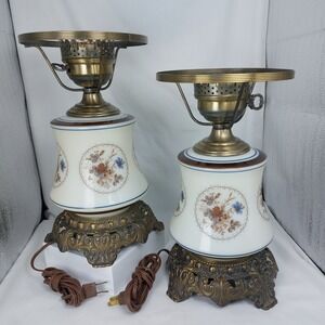(2) Vtg 1973 Quoizel Abigail Adams 3 Way Floral Hurricane Parlor Lamp No Shade